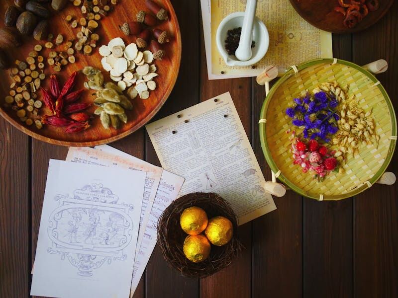 Traditional medicinal herbs, dried flowers, mortar and pestle — the art of natural healing